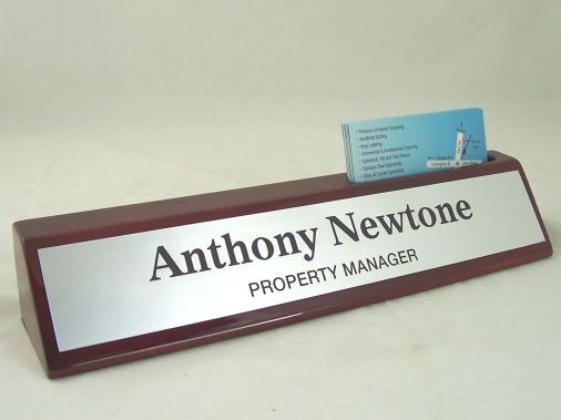 Timber desk top name bar and card holder