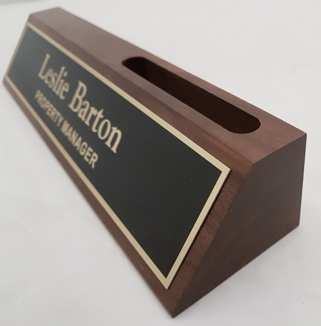 Walnut desk bar and business card holder